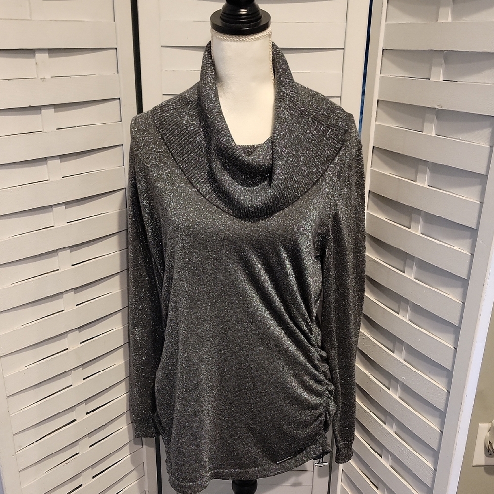 NWT Michael Kors Gray Silver Metallic Cowl Neck Top Sweater Size XL